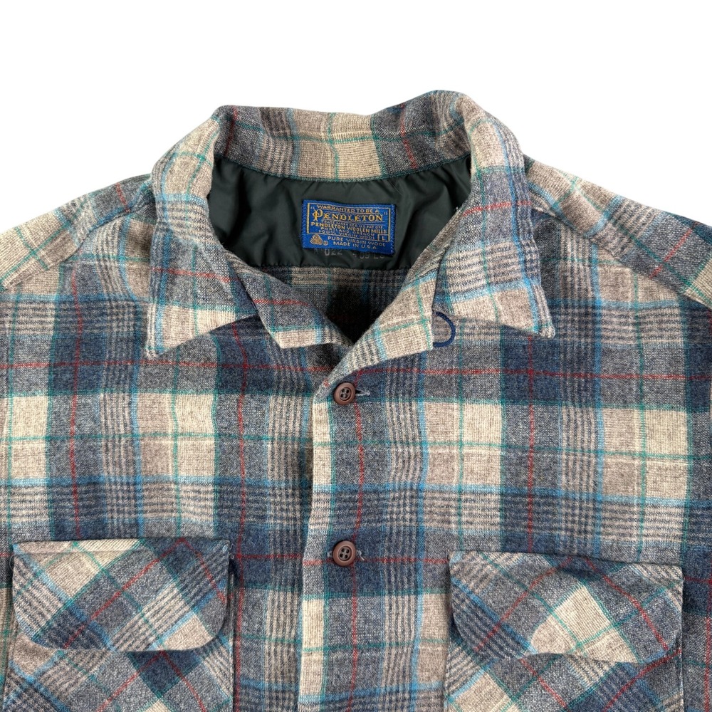 Vintage Pendleton Wool Board Shirt Men's Large Gray Plaid Loop Collar 70s USA